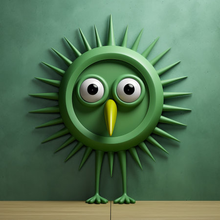 a green circle with an eye and an eye shape, a stock photo featuring clear and precise bird art. this playful character design by john wilhelm showcases clever juxtapositions and a playful use of texture, creating a sharpprickly visual experience. ai generatedの素材