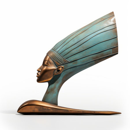 egyptian woman's bronze head statue, patrick woodroffe style, sleek and stylized. dark cyan and light beige precisionist art, historical illustrations, schizocore, ndebele art. ai generatedの素材