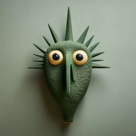 a close-up shot of a green bird figurine wall sconce, featuring intricately painted eyes on its head. this unique piece, inspired by the styles of evgeni gordiets, clemens ascher, didier lourenco, concrete, inventive character designs, and spiky mounds, adds a touch of artistic charm to any space. ai generatedの素材