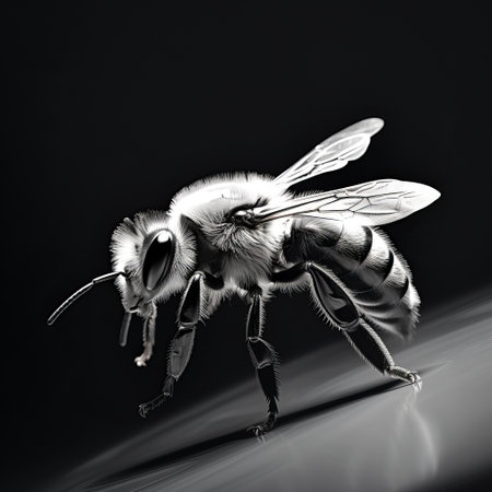 black and white vray tracing image showcases a large blue bee, detailed with inventive character designs. the realistic portrayal of light and shadow, layered translucency, and hues, ai generatedの素材