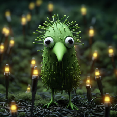 a close-up shot of a green bird figurine with painted eyes on its head, adorned with string lights. this unique piece, reminiscent of the artistic styles of evgeni gordiets, clemens ascher, didier lourenco, concrete, inventive character designs, and spiky mounds, captivates with its intricate details and whimsical charm. ai generatedの素材