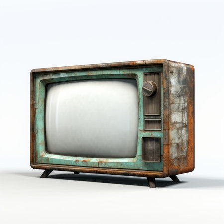 old tv with rusty wall and antennae, vintage-inspired designs and consumer culture critique. the ambient occlusion style adds a surprisingly absurd touch to the 1970s-present primitivist aesthetic, with light green and indigo tones. ai generatedの素材