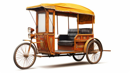 antique rickshaw with a side window, realistic hyper-detailed rendering, brown and amber colors, national geographic photo, auto body works, light orange, light gold, kushan empire, 19th century. ai generatedの素材