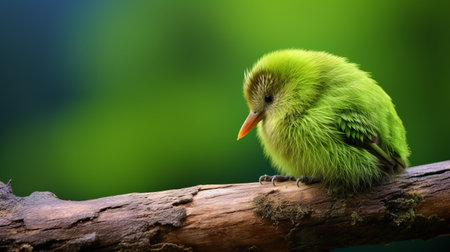 a green bird perched on a limb adorned with lush green leaves, captured in the artistic style of miki asai. this photo showcases meticulous attention to detail, highlighting the intricate textures of both fur and feathers. with a touch of child-like innocence, it evokes a sense of wonder. inspired by konica big mini and daan roosegaarde, this image is a bold yet graceful representation ofの素材