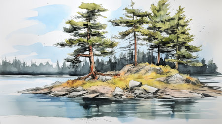 the shoreline drawing captures the serene beauty of the island's pine trees in a contemporary canadian art style, resembling colorful ink wash paintings. this hyper-realistic water scene, captured with a nikon d850, exudes a sublime wilderness and tranquil serenity, making it a perfect commission for art enthusiasts. ai generatedの素材