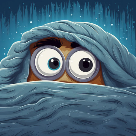 a little guy sits under a blanket, showcasing a cartoonish character design. this detailed portrait captures the atmosphere with its soggy, shiny eyes. the surrealistic cartoons and 2d game art style add to the charm of this image, while the dry wit humor adds an extra layer of entertainment. ai generatedの素材