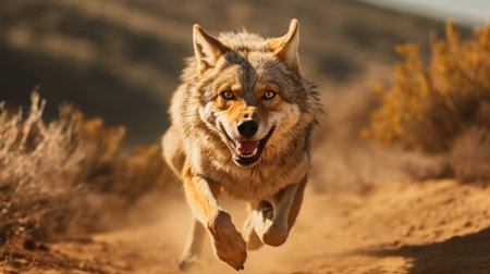 clifford, the gray wolf, runs through a desert landscape adorned with brush and meadow. this powerful and emotive portraiture, created using unreal engine 5, captures the essence of his close-up presence. marcin sobas skillfully portrays this realistic scene, showcasing a warm color palette dominated by dark yellow and red hues. ai generatedの素材