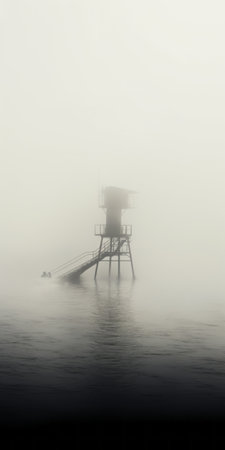 a foggy sea surrounds a lighthouse on the water, captured in the style of piet hein eek and the dusseldorf school of photography. this national geographic photo showcases the unique perspective of antony gormley, with elements of thermal camera imagery. the scene is reminiscent of gediminas pranckevicius' realistic landscapes, featuring soft, tonal colors. ai generatedの素材