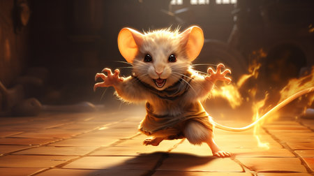 a cartoon rat is depicted on a tile floor surrounded by flames, showcasing the artistic style of unreal engine 5. this captivating image captures the essence of renowned photographers bill gekas and miki asai, with playful expressions and charming characters. the scene, created by michael malm, is filled with dynamic action, making it an exciting visual experience. ai generatedの素材