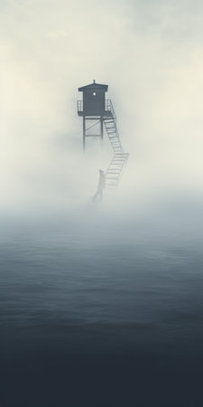 a person explores the misty moorland, making their way towards the lighthouse. this conceptual installation art captures the essence of the dusseldorf school of photography. the serene waters and smoky background add to the ambiance, while the extreme angle creates a suspended atmosphere. ai generatedの素材