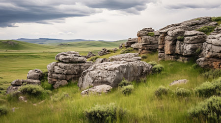 white sky and clouds in the style of upper paleolithic art, featuring organic formations. this national geographic photo captures the essence of prairiecore with its green and gray hues. the sublime wilderness is beautifully depicted, showcasing the stone's natural beauty. ai generatedの素材