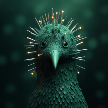 green bird figurine, adorned with fairy lights, showcases inventive character designs reminiscent of evgeni gordiets, clemens ascher, and didier lourenco. the close-up shot reveals painted eyes and concrete, spiky mounds, echoing a unique artistic style. ai generatedの素材