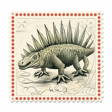 a folk art-inspired illustration of a dinosaur showcased on a postage stamp. created with the charm of graflex speed graphic, this ambrotype-style drawing features spiky mounds and dotted, detailed miniatures. this whimsical sculpture captures the essence of the prehistoric creature in a uniquely artistic manner. ai generatedの素材