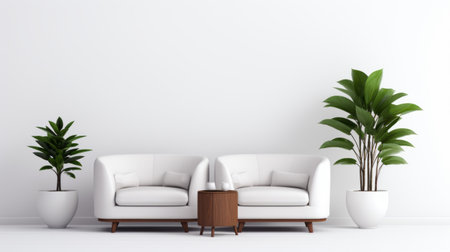 two upholstered chairs are placed against a white wall, accompanied by a planter. this composition embodies the essence of ambient occlusion, zen minimalism, and minimalist conceptualism. inspired by the works of fernando amorsolo, it showcases neutral color palettes, streamline elegance, and grandiose color schemes. ai generatedの素材