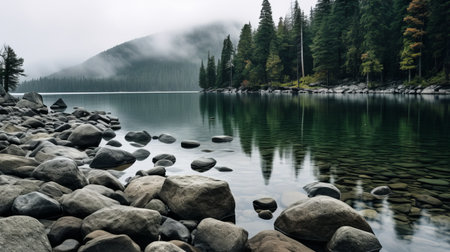 boulders line the misty, emerald body of water in this pointillist nature scene captured by a sony alpha a7 iii. the forestpunk atmosphere is accentuated by the earthy color palette and whistlerian style. keywords: boulders, misty atmosphere, emerald water, sony alpha a7 iii, pointillist, nature scenes, forestpunk, earthy colors, whistlerian. ai generatedの素材