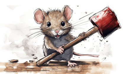 a cartoon mouse holding a hammer, depicted in the style of realistic watercolor paintings. this artwork showcases darktable processing techniques and draws inspiration from precisionism and pre-raphaelite art movements. the whimsical illustration is reminiscent of a children's book and features realistic hyper-detail. rtx technology enhances the visual experience, bringing this charming character to life. ai generatedの素材