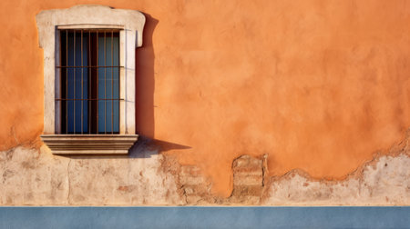 an orange wall with brown walls and white shutters by george, captured in the style of tokina at-x 11-16mm f/2.8 pro dx ii. this interdisciplinary art piece draws inspiration from paolo veronese, featuring light orange and azure hues on unprimed canvas. the cracked textures create a contrasting balance, adding depth to this captivating composition. ai generatedの素材