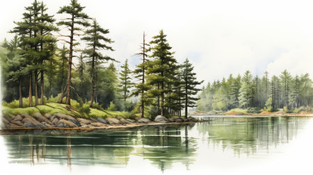 watercolor painting showcases a tranquil, serene pond, rendered in a realistic, detailed style, evoking romanticized wilderness depictions. this uhd image, reminiscent of whistlerian coastal scenes, is enhanced by, ai generatedの素材