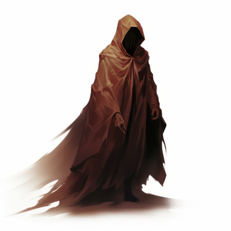 a person in a brown costume, reminiscent of andreas rocha's style and necronomicon illustrations, is walking around. the character appears slumped and draped, with intense color saturation. the artwork resembles 2d game art, featuring light red and bronze tones. this captivating image brings to mind the works of magali villeneuve. ai generatedの素材