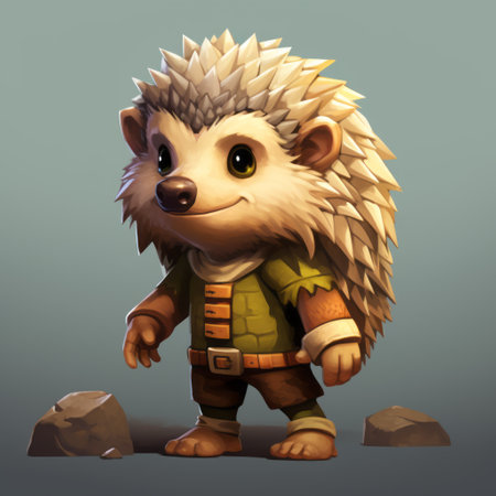 a cartoon hedgehog stands next to rocks, showcasing brushwork exploration and realistic lighting. the medieval-inspired setting adds a playful touch to the character's design. this 20-megapixel image captures the free brushwork and realistic figures in stunning detail. ai generatedの素材