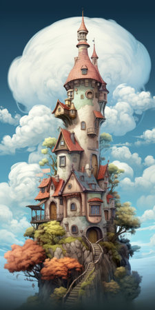house on water, in the clouds, with detailed character design and fairytale-inspired multilayered realism. the image features detailed shading and cartoon realism, with a color palette of dark brown and light blue, creating a colorful fantasy realism. ai generatedの素材