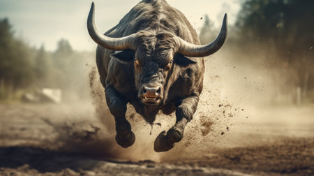 bull running through a field stock photo captures the strong emotional impact of a powerful animal in its natural habitat. the image showcases the juxtaposed imagery of the dusty piles and western-style portraits, with a strong facial expression. the navy and bronze tones add a technological marvels touch to the overall composition. ai generatedの素材