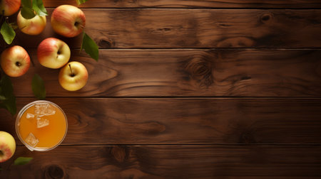 apple juice placed on a detailed wooden background featuring dark brown and gold elements. 32k uhd image with decorative and colorful woodcarvings, offering a minimalist backdrop that emphasizes functionality. ai generatedの素材