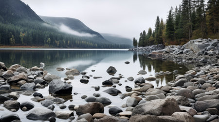 quiet lake with rocks and trees in uhd style, hazy national geographic photo, vancouver school, gray and aquamarine, 8k resolution, eye-catching composition. ai generatedの素材