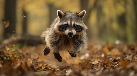 a raccoon is captured in motion, running through a vibrant pile of leaves while clutching a leaf in its mouth. the photo is inspired by the artistic styles of dimitry roulland, filip hodas, and asher brown durand, featuring elements of motion blur, selective focus, and a color palette reminiscent of beige and amber tones. this composition draws influence from the barbizon school, showcasing the raccoon'sの素材