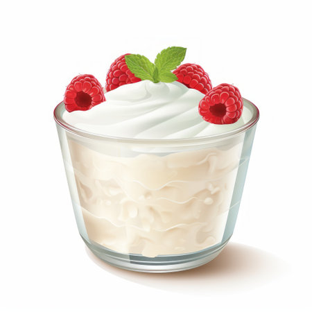 glass cup with cream, raspberries, and mint arranged in a realistic landscape style. soft edges and layers of texture create a crisp and clean look. the voluminous mass of cheese and tumblewave adds depth to the composition. ai generatedの素材