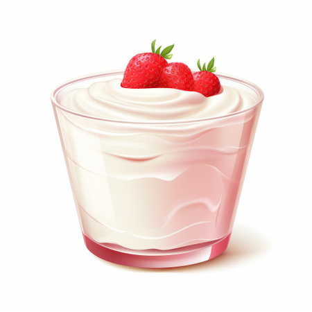 yogurt on cream with fresh strawberries on a white background. royalty-free image featuring detailed illustrations, showcasing a glass material. the color palette includes light pink and light amber tones. the surface appears creased, crinkled, and wrinkled, adding texture to the composition. this multi-layered arrangement exudes an elegant and barbiecore aesthetic. ai generatedの素材