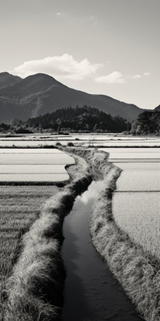 rice field in kobe, japan captured by arikou in a dark silver and white style. the layered landscape showcases the fusion of water and land with streamlined forms. this high-quality photo has a national geographic feel and was shot using a leica i camera. keywords: rice field, kobe, japan, arikou, dark silver, white, layered landscapes, water, land fusion, streamlined forms, national geographic, leica i. aiの素材