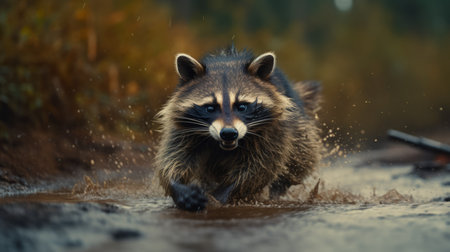a raccoon dashes through the muddy terrain near a campsite, captured in the style of fine art photography. this image showcases elements of redshift, stark visuals, and the atmospheric portraits reminiscent of the american barbizon school. the hyper-realistic depiction of water in shades of navy and amber adds depth and intensity to the scene. ai generatedの素材
