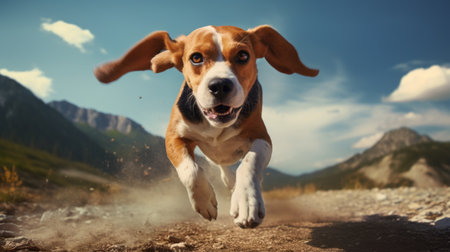beagle running outdoors on a dirt road, depicted in a realistic hyper-detailed rendering with precisionism influence. the explosive pigmentation and angular style give the image an advertising-inspired, photobash look, perfect for furaffinity enthusiasts. ai generatedの素材