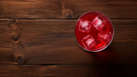 bowl of red fruit and ice cubes on textured wooden background, infused with social commentary, aerial view, lively tavern scenes, and neogeo style. louis kahn and john walker inspired. shot with kodak plus-x film. ai generatedの素材