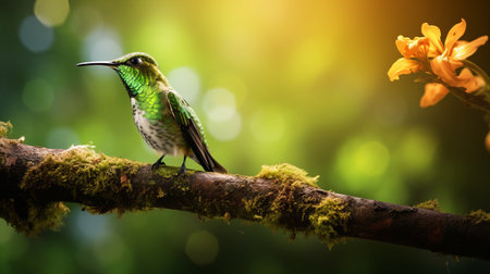 green bird perches on vibrant orange branch in atmospheric woodland setting. bright light illuminates the scene, capturing the photo-realistic details of the hummingbird. this uhd image showcases the terragen and tanbi kei techniques, creating a stunning bokeh effect. ai generatedの素材