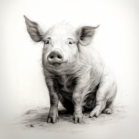 the sitting pig illustration showcases black and white realism in 8k resolution. the clean and sharp inking, along with subtle light and shadow, brings out the childlike innocence of the character. the realistic and hyper-detailed renderings make it a captivating piece for character studies. ai generatedの素材