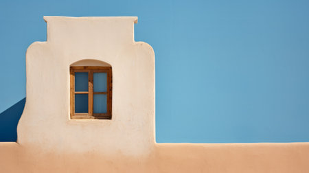 mediterranean-inspired minimalist window facing the sky, captured with zeiss milvus 25mm f/1.4 ze lens. the light brown and turquoise hues create a bold color contrast reminiscent of minoan art. the sparse and simple design adds to its charm. ai generatedの素材