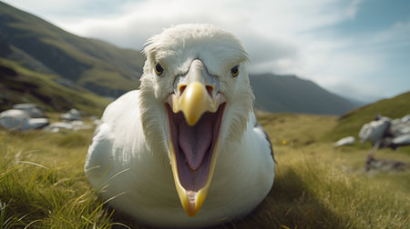 white bird perched on a hill by a mountain, rendered in cinema4d, featuring dynamic facial expressions and intense close-ups. this artwork by jamie hawkesworth merges with lucy glendinning's playful expressions, all rendered in unreal engine for a vivid visual experience. ai generatedの素材