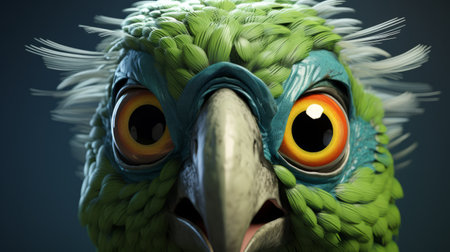 lifelike 3d parakeet character with comical bulging eyes in hyper-realistic sci-fi style. intense emotions and subtle expressions inspired by barbizon school. felt creations and overexposure add texture and depth. keywords: 3d character, parakeet, hyper-realistic, sci-fi, barbizon school, felt creations, overexposure. ai generatedの素材