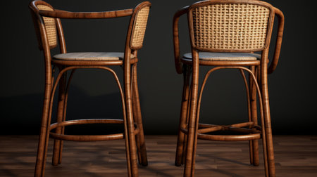 a realistic and hyper-detailed rendering of a bar stool 2 pack, featuring a sleek wicker dining chair. the image showcases the setting in beijing east village, using common materials for an authentic feel. with attention to realistic textures and naturalistic elements, this image captures the essence of a high-quality result, possibly incorporating caffenol developing. ai generatedの素材