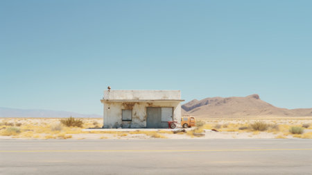 an old white building stands alone in the vastness of a desert landscape. reminiscent of duffy sheridan's vintage minimalism, the image captures the essence of isolation and stillness. with a touch of ernest zacharevic's artistic style, the photograph focuses on the building as a still life amidst the nonrepresentational beauty of the desert. transportcore elements add a unique touch to this captivating and serene scene.の素材