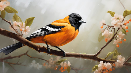 the small orange bird perches on a branch surrounded by vibrant flowers, depicted in a digital painting style. the precisionist and realistic portrait drawing showcases the charming character of the bird. the artwork, with dimensions of 3840x2160, beautifully captures the orange and black hues, creating a charming and captivating scene. ai generatedの素材