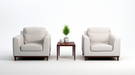 two white chairs and a table with a potted plant, showcased in a realistic hyper-detailed rendering. the leatherhide material adds a touch of sophistication, while the zen buddhism influence brings tranquility to the contemporary setting. against a white background, this comfycore arrangement blends neoclassicist influences with a modern aesthetic, blurring the lines between fact and fiction. ai generatedの素材