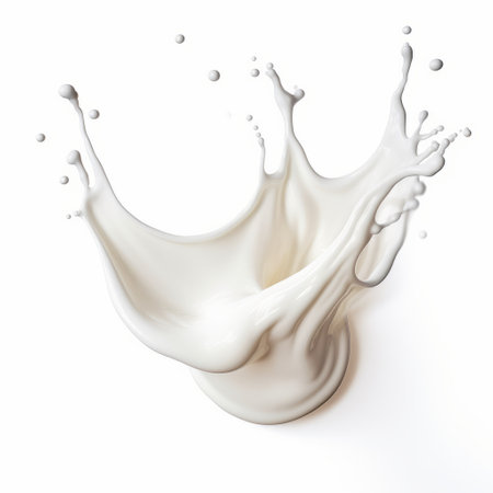 white milk splash with floating droplets, created in the style of cad (computer-aided design). made from cheese, this organic material showcases a gesture-driven design. the unique caffenol developing process adds depth to its yankeecore aesthetic, resulting in a beautifully sculpted image. ai generatedの素材