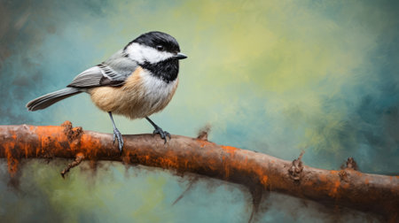 a chickadee bird gracefully perched on a branch in a field, captured through digital art techniques. this realistic oil portrait showcases the precisionist art style with concise brushwork techniques. the dark orange and gray hues add depth to this uhd image, available under creative commons attribution. ai generatedの素材