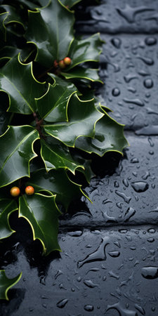 holly leaves in the rain showcase a unique blend of natural and man-made elements. the dark black and dark azure hues create a striking contrast against the vibrant green, while the precision and detail-oriented approach capture eye-catching botanical accuracy. this xmaspunk photo is a captivating display of nature's beauty in a modern setting. ai generatedの素材