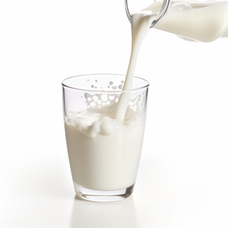 fresh milk in a glass with a blue bottle, captured on a clean white background. this photo, reminiscent of the associated press style, showcases the pouring action and features a touch of vignetting. it is available under the creative commons attribution license and offers high definition quality with ambient occlusion. ai generatedの素材