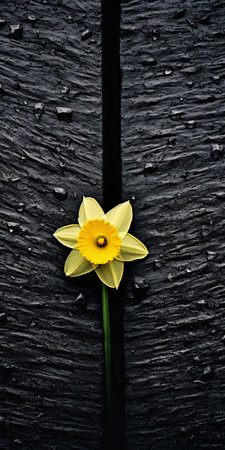 daffodil growing on black shingle captured in a tabletop photography style. the visually tactile surfaces of the sustainable design are emphasized with soft focus. shot using voigtlander bessa r2m, the dark gray and black tones create a moody atmosphere. keywords: daffodil, black shingle, tabletop photography, sustainable design, soft focus, voigtlander bessa r2m, dark gray, moody atmosphere. ai generatedの素材