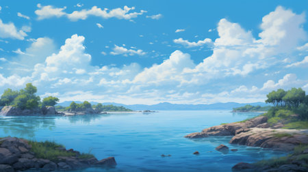 antique painting of a cheery archipelago scene with detailed brush strokes, showcasing the horizon on the lower third. this 4k, 9x16 artwork captures the beauty of the archipelago with striking details. ai generatedの素材